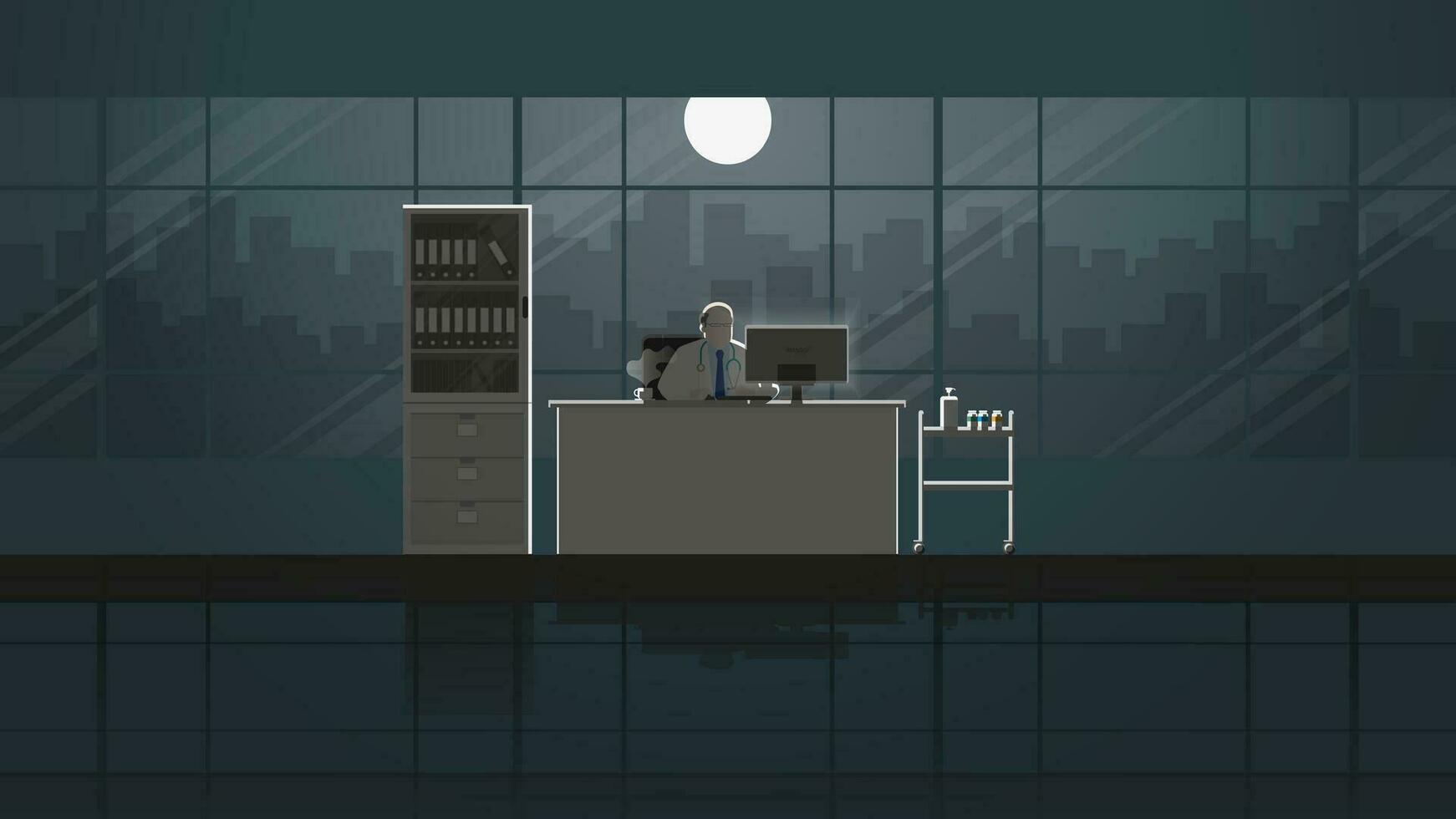 anziano medico uomo avere intenzione Lavorando su del desktop computer nel medico ufficio posto di lavoro vettore