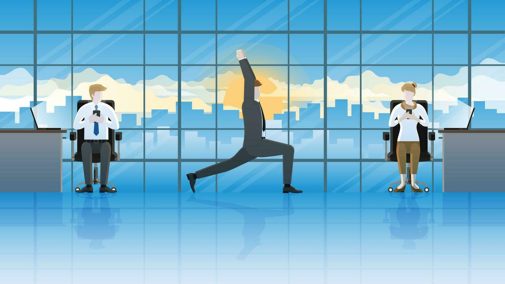 yoga posizione uomo d'affari fa yoga posa a posto di lavoro. ottenere Attenzione a partire dal colleghi vettore