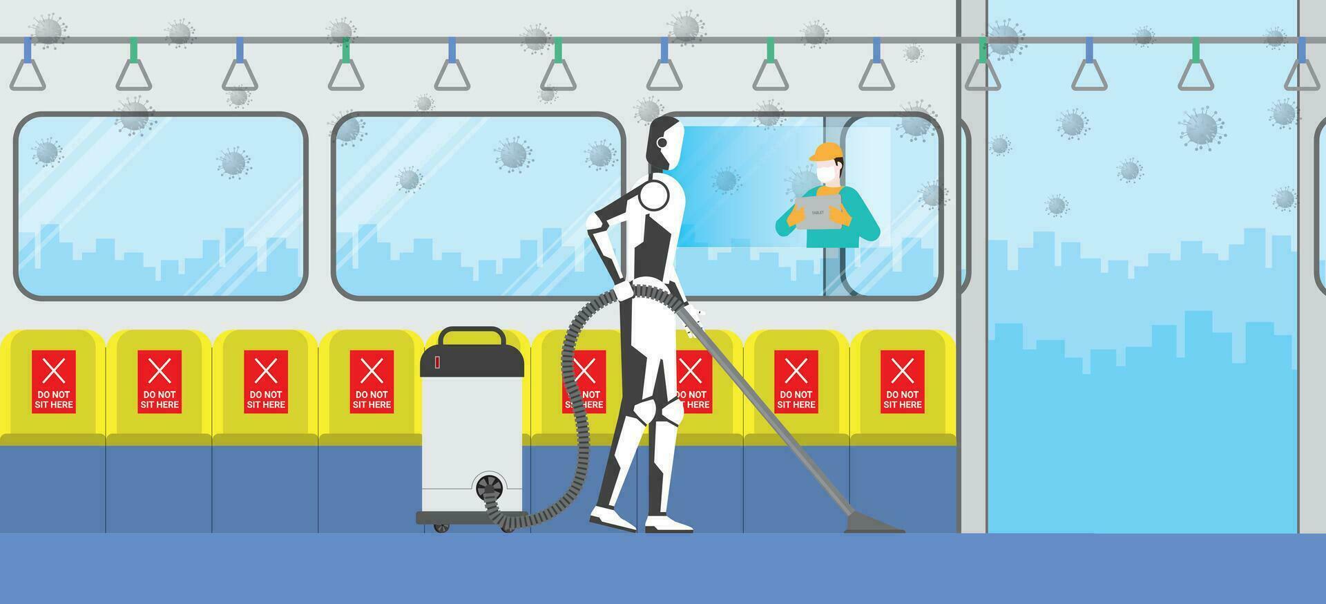 addetto alle pulizie nel treno pubblico stazione. pulizia robot controllo di umano a distanza nel rischio la zona vettore