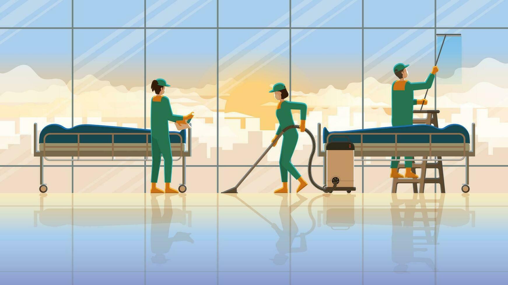 pulizia servizio squadra domestica Lavorando a obitorio camera ospedale con cadavere vettore