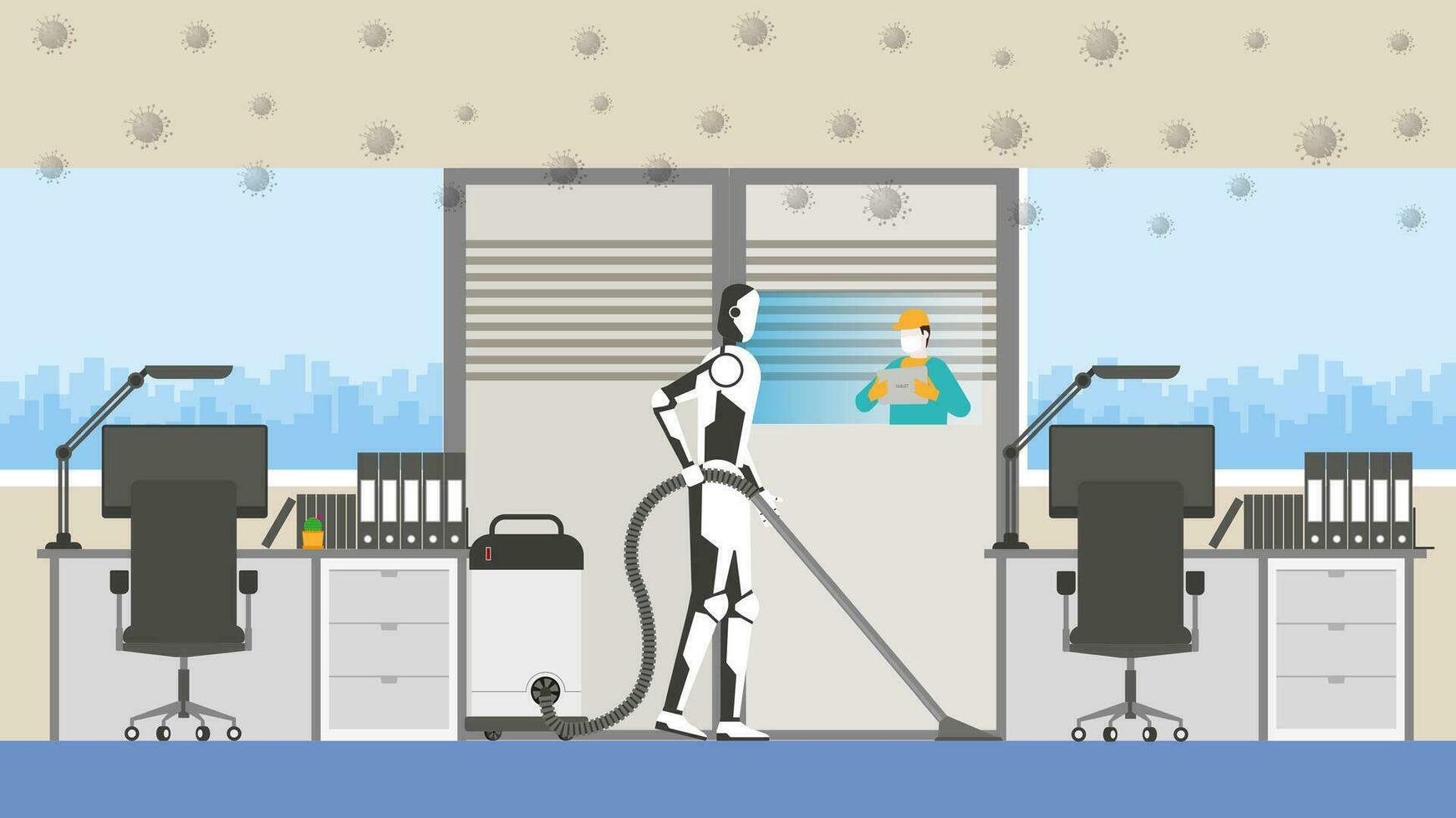 pulizia robot controllo di umano a distanza nel rischio la zona. ufficio Lavorando camera. vettore