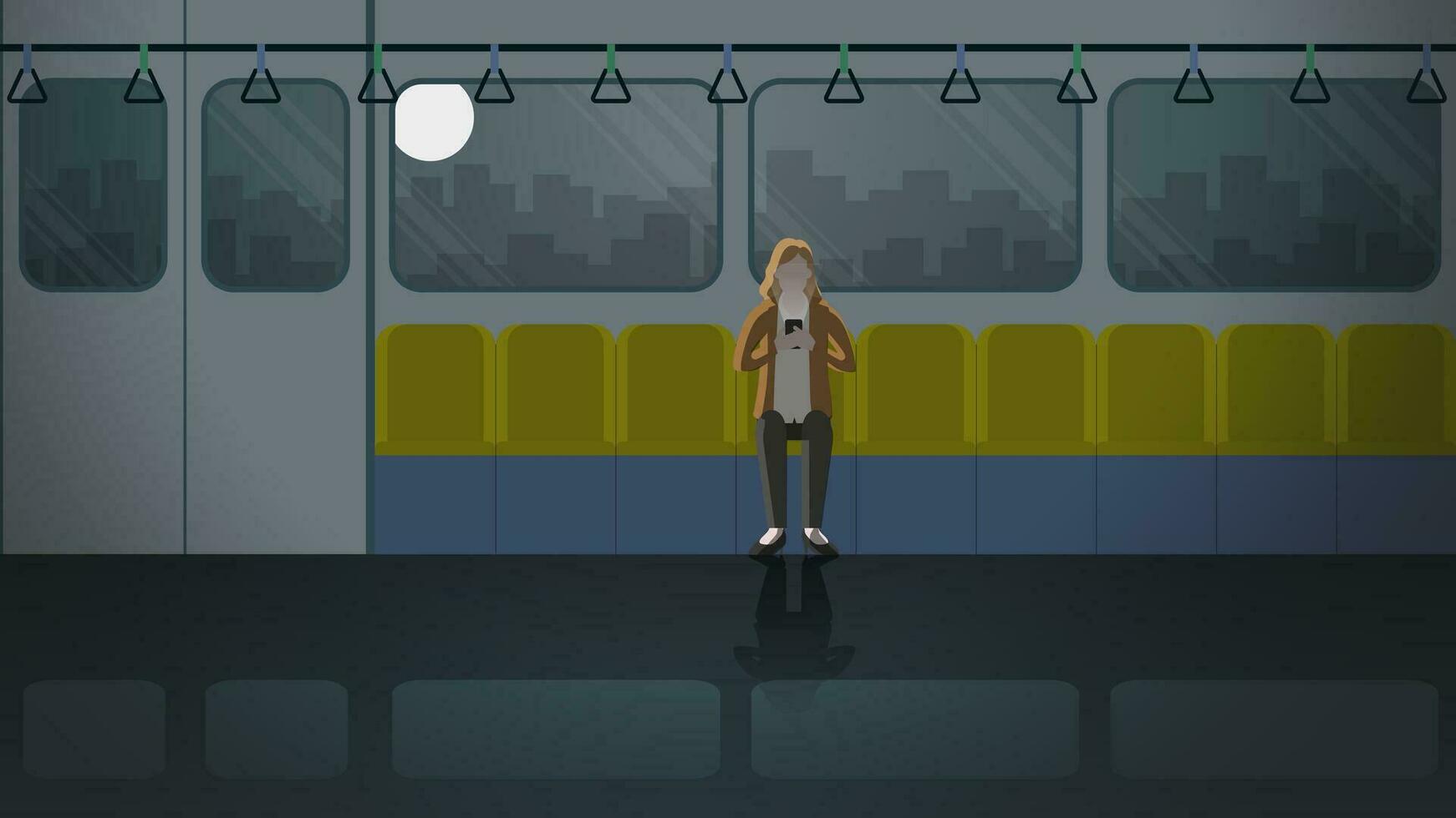un' donna utilizzando mobile Telefono seduta nel il ultimo treno pubblico mezzi di trasporto vettore