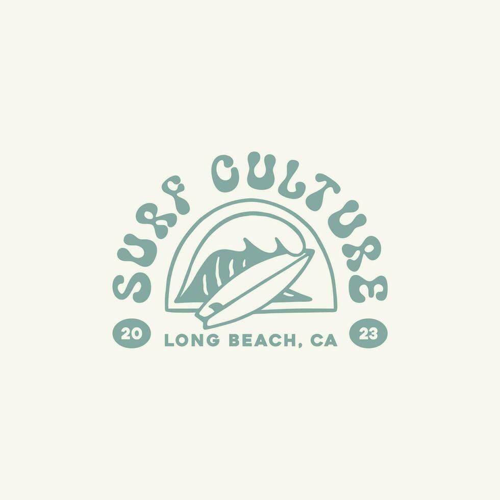 onda con tavola da surf logo design modello per Surf club, Surf negozio, Surf merce. vettore