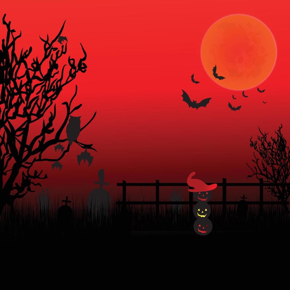 modello di sfondo di halloween felice con luna piena rossa e pipistrelli vettore