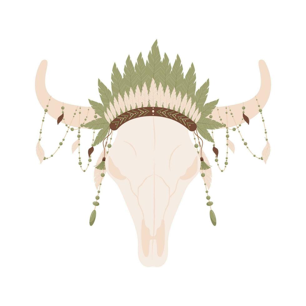 Toro cranio con un' corona di piume e perline nel un' boho stile. cranio vettore illustrazione isolato su bianca sfondo.