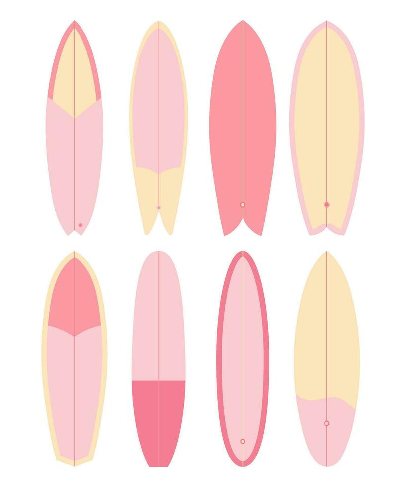 impostato di illustrazioni di tavole da surf nel rosa colori su un' bianca sfondo. fare surf. vettore