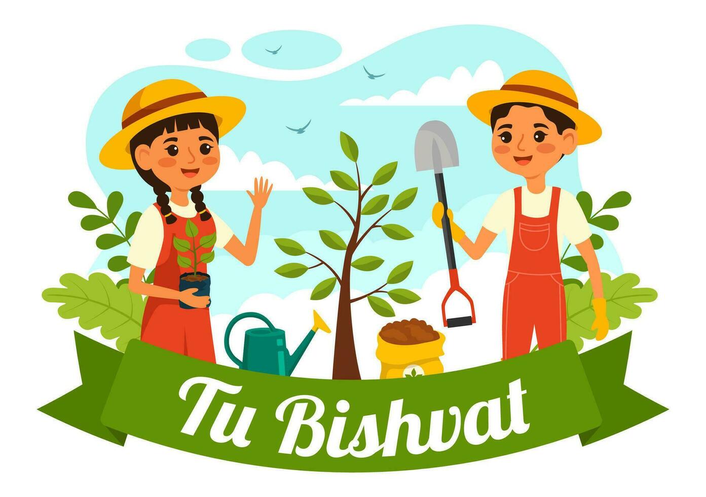 contento tu bishvat vettore illustrazione. traduzione il ebraico nuovo anno per alberi. bambini piantato un' albero nel il cortile nel piatto cartone animato sfondo design