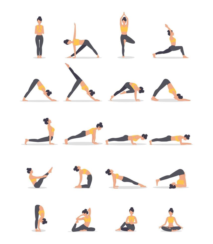 set di posizioni yoga isolate sul bianco. illustrazione vettoriale