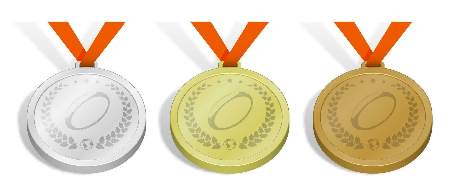 impostato di sport medaglie con emblema di Rugby palla con alloro ghirlanda per concorrenza. oro, argento e bronzo premio con arancia nastro. 3d vettore