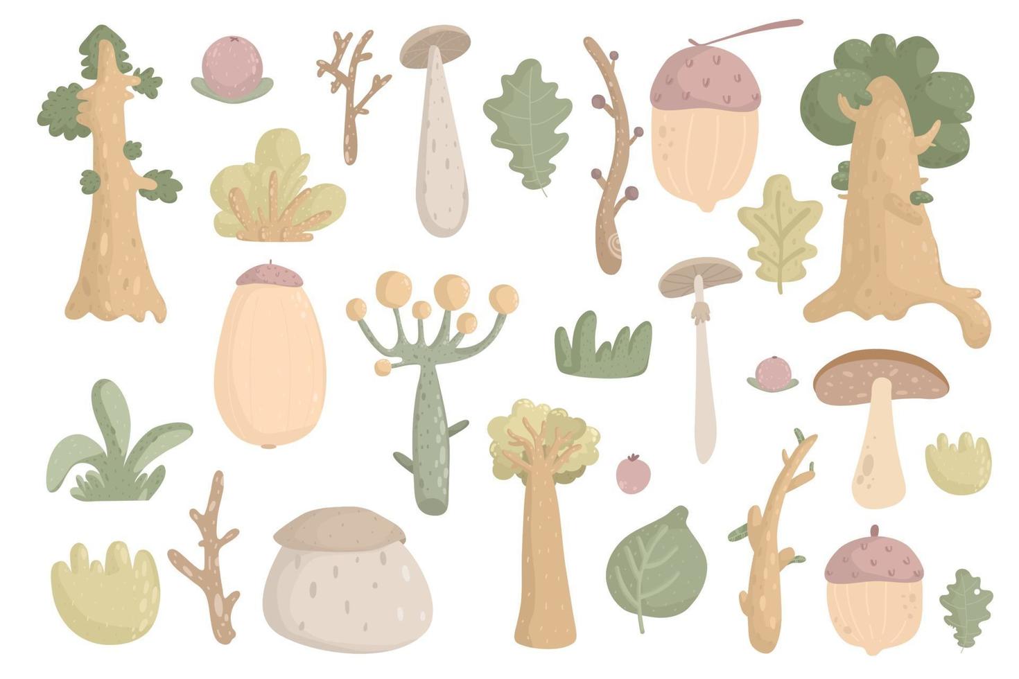 clipart di grandi piante forestali. alberi del bosco, erbe, funghi, rami vettore