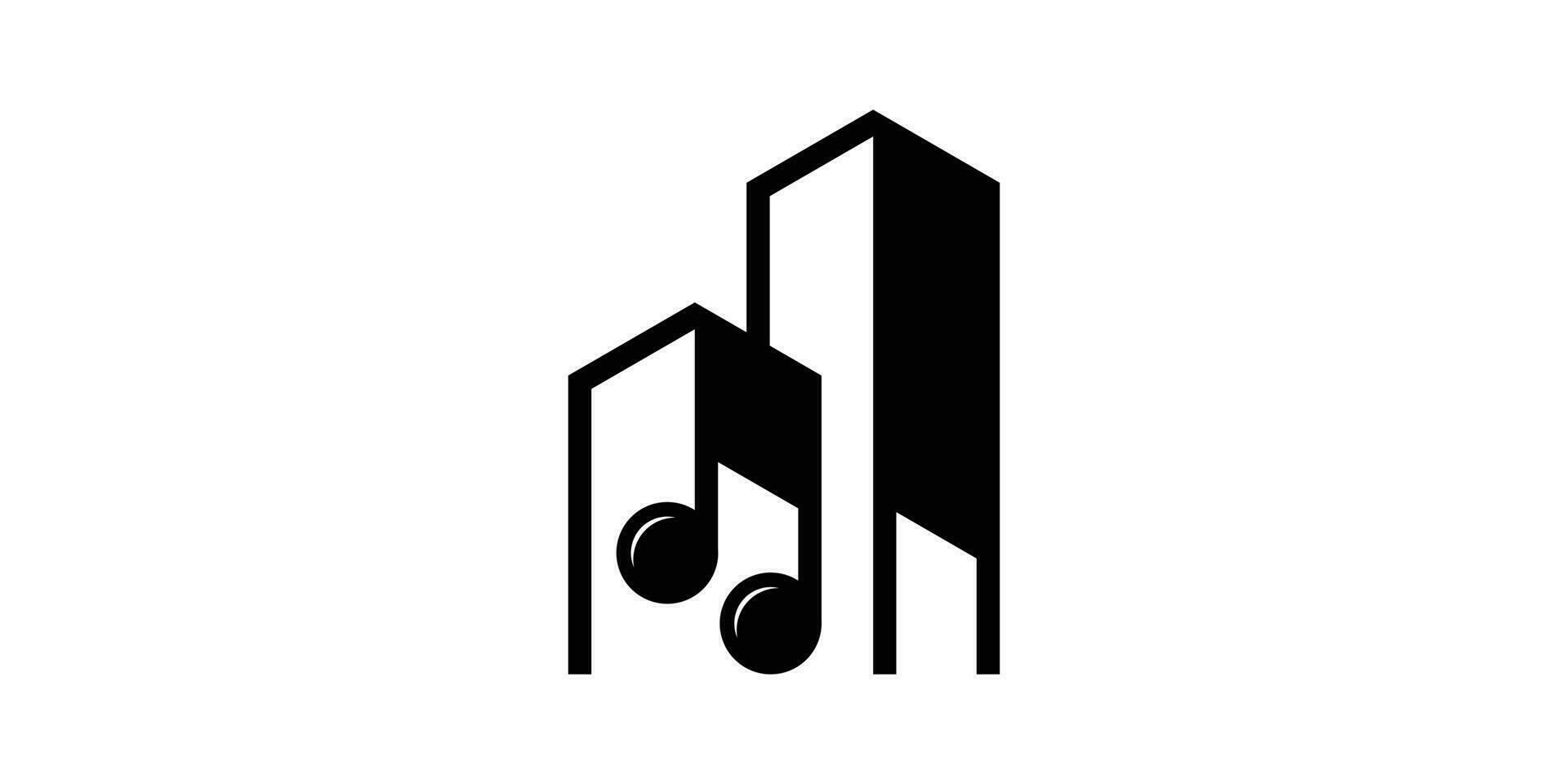 logo design combinando il forma di un' edificio con musicale Appunti. vettore