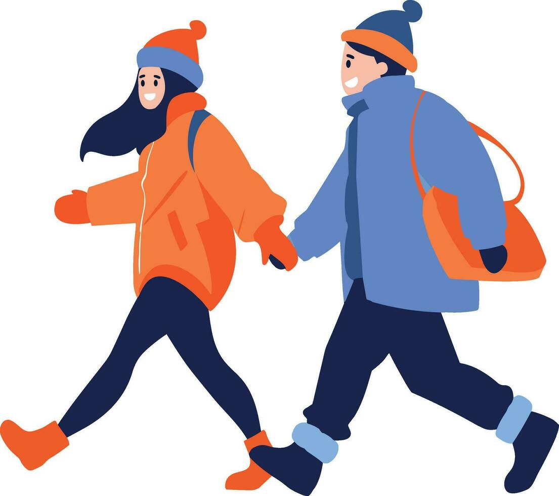 mano disegnato coppia indossare inverno capi di abbigliamento passeggiate su un' sentiero pieno con neve nel piatto stile vettore