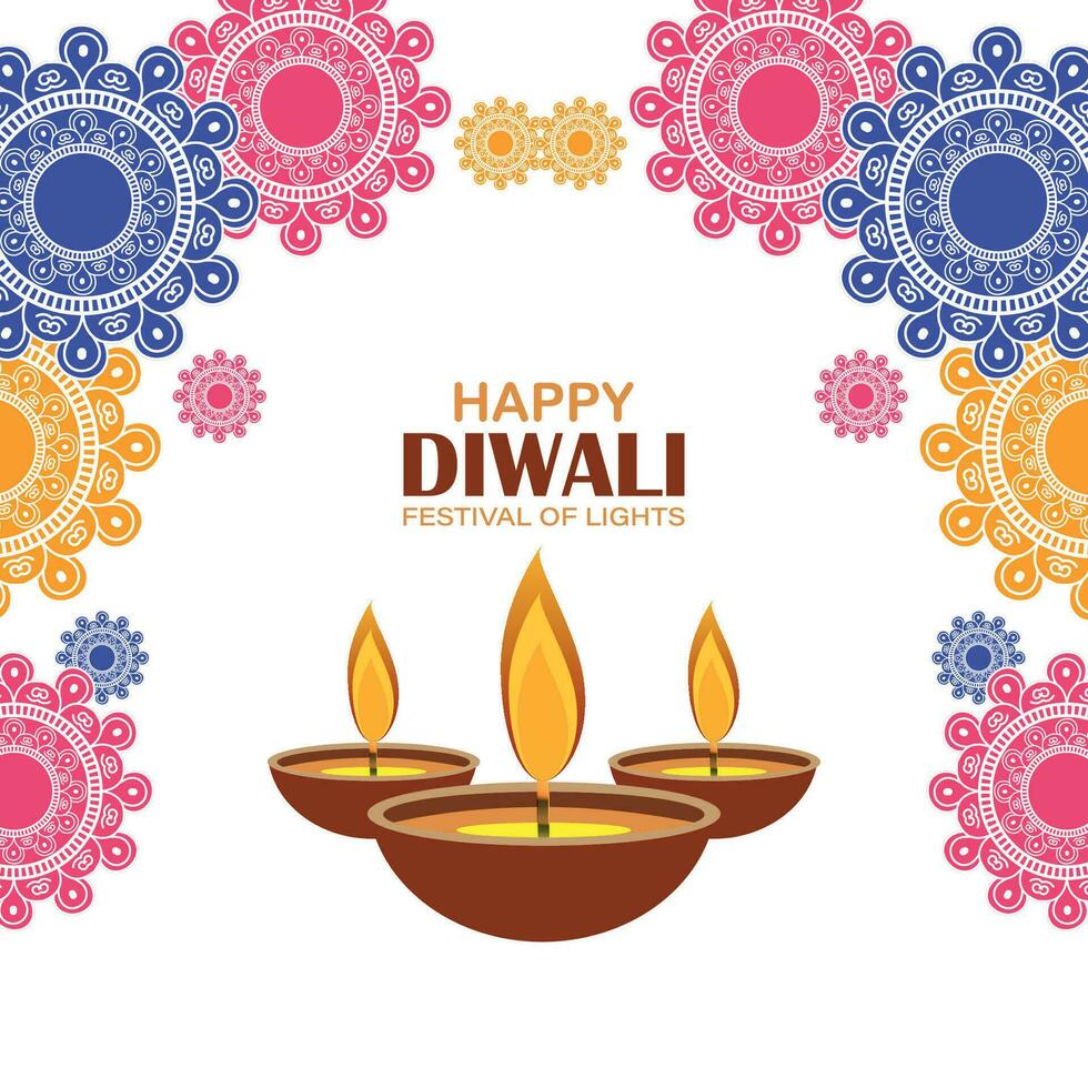 contento diwali, Festival di luci, carta grafico di indiano Rangoli, d'oro luci, colorato decorativo sfondo, blu magenta sfondo vettore