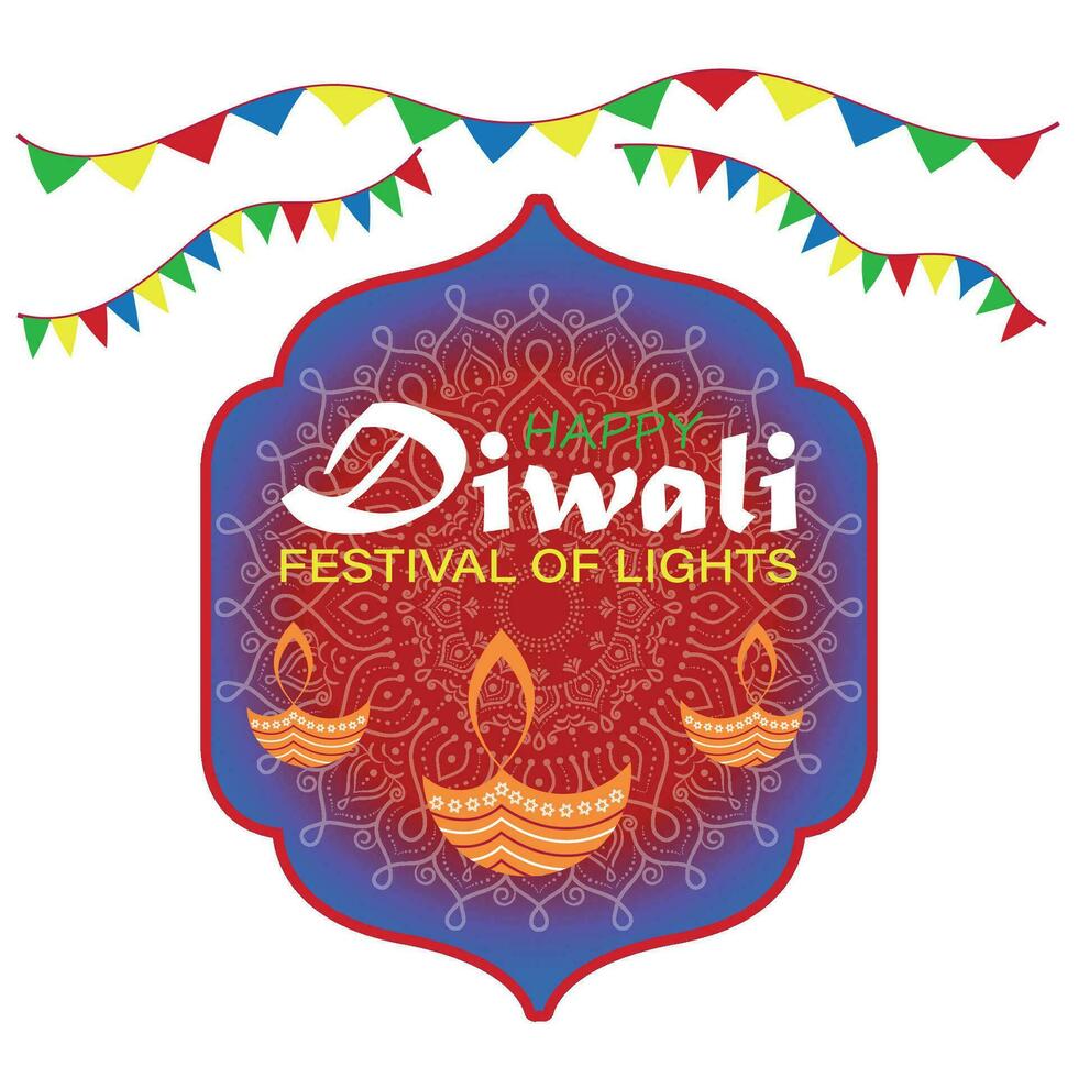 contento diwali, Festival di luci, carta grafico di indiano Rangoli, d'oro luci, colorato decorativo sfondo, blu magenta sfondo vettore