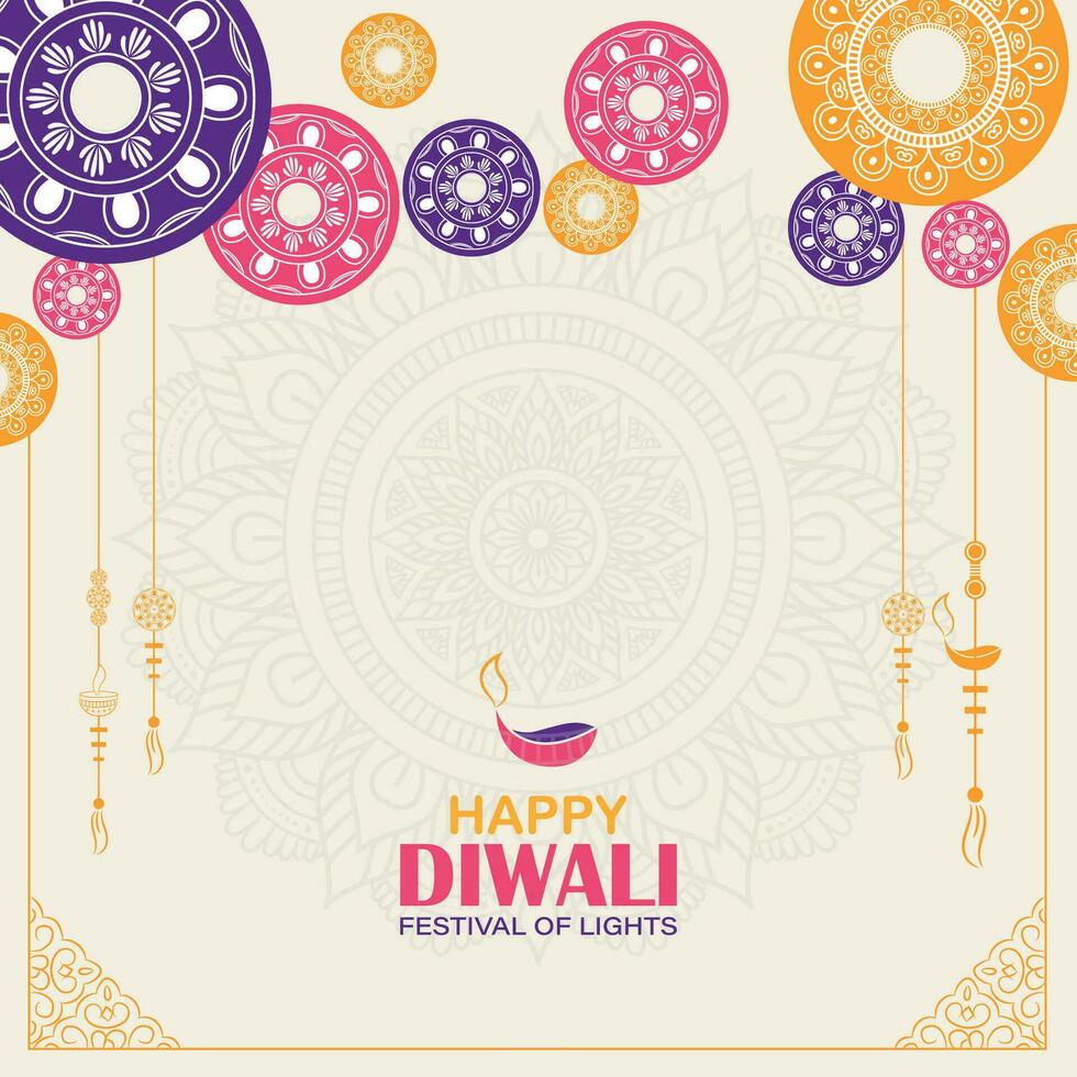 contento diwali, Festival di luci, carta grafico di indiano Rangoli, d'oro luci, colorato decorativo sfondo, blu magenta sfondo vettore