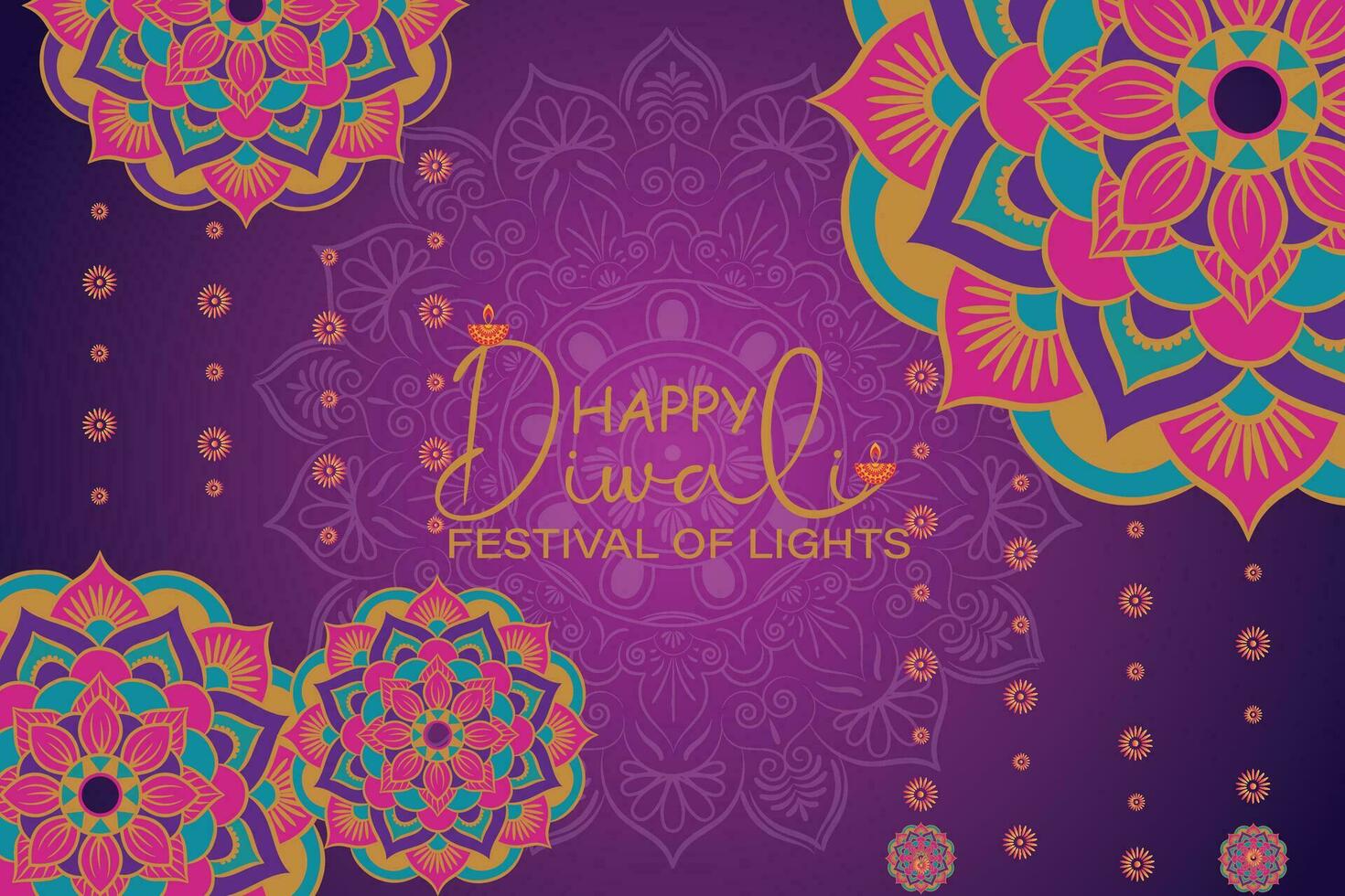 contento diwali, Festival di luci, carta grafico di indiano Rangoli, d'oro luci, colorato decorativo sfondo, blu magenta sfondo vettore