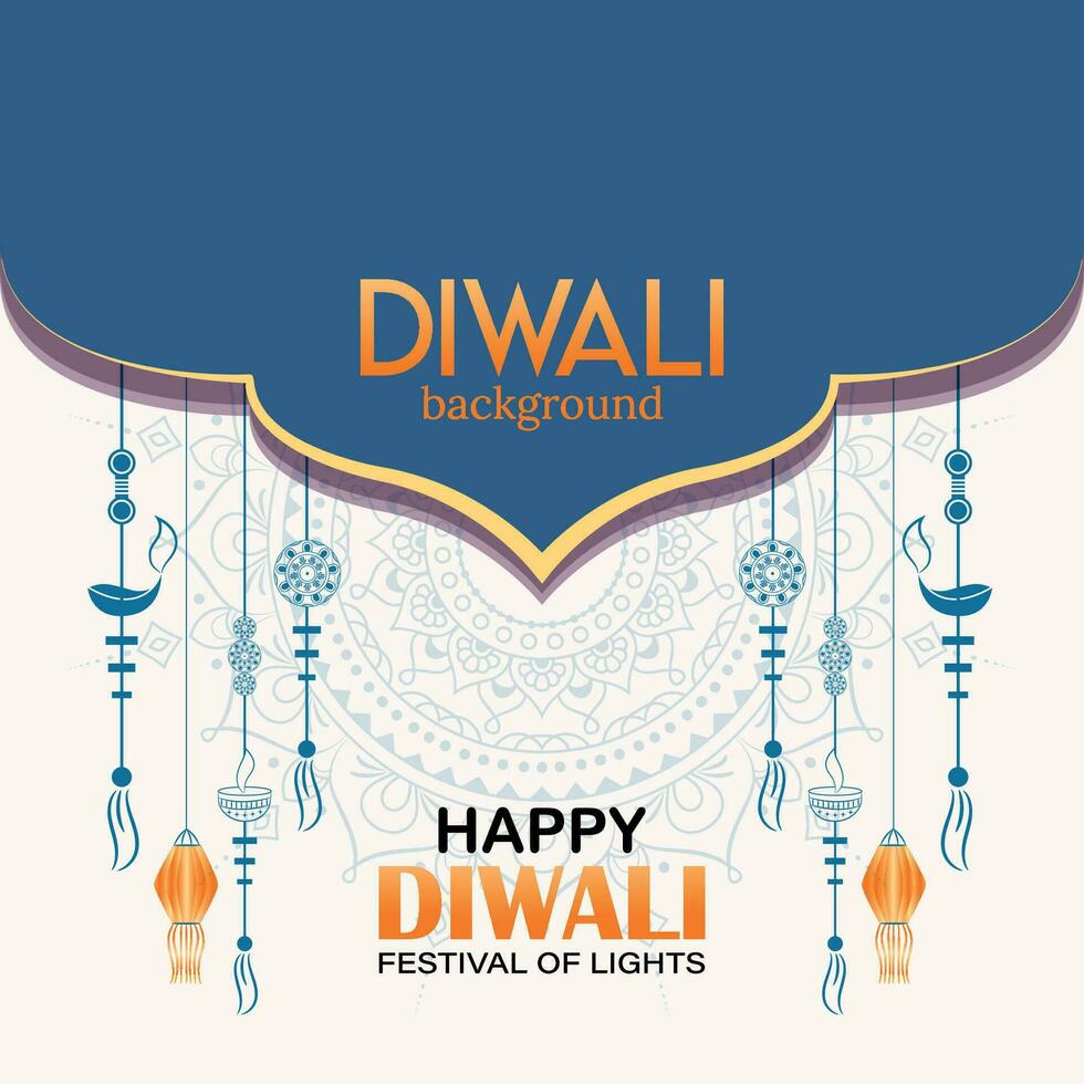 contento diwali, Festival di luci, carta grafico di indiano Rangoli, d'oro luci, colorato decorativo sfondo, blu magenta sfondo vettore