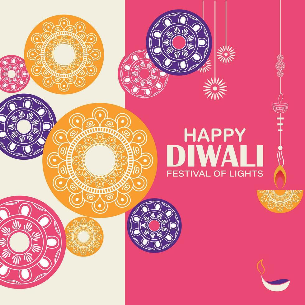 contento diwali, Festival di luci, carta grafico di indiano Rangoli, d'oro luci, colorato decorativo sfondo, blu magenta sfondo vettore