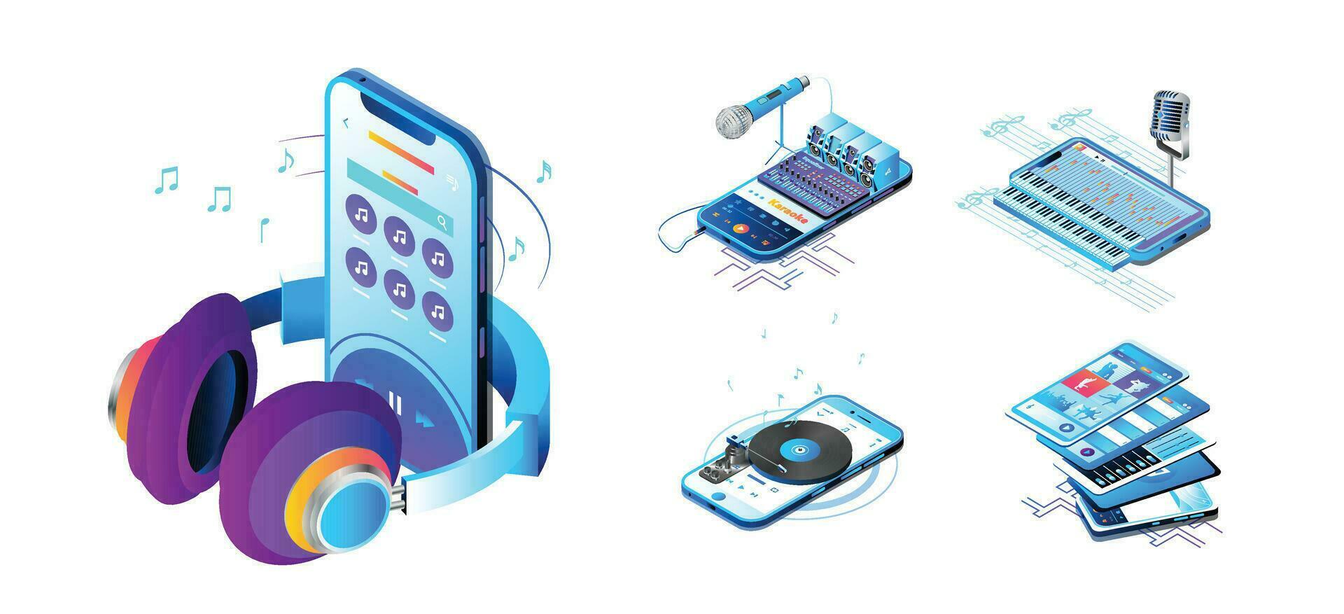 isometrico app, mobile musica App vettore illustrazione
