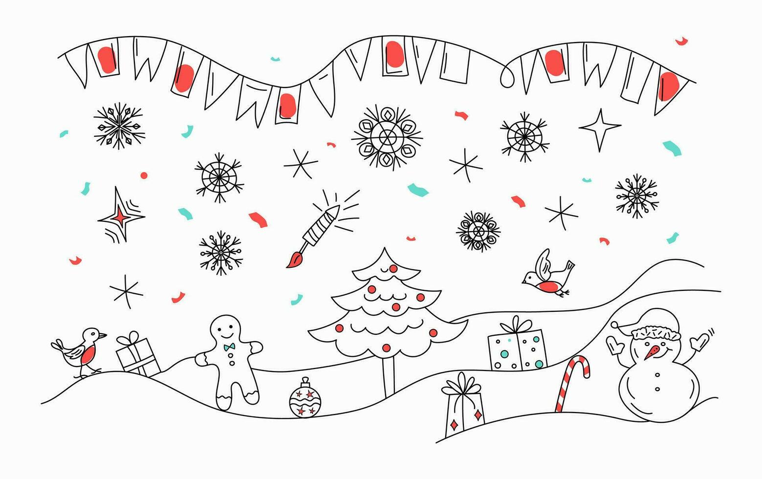 Natale, nuovo anno. bandiere e coriandoli. Natale albero, pupazzo di neve, i regali nel il neve. uccelli, fiocchi di neve, stelle. lineare icone nel scarabocchio stile, mano disegnato. design per festa invito, saluto carta. vettore