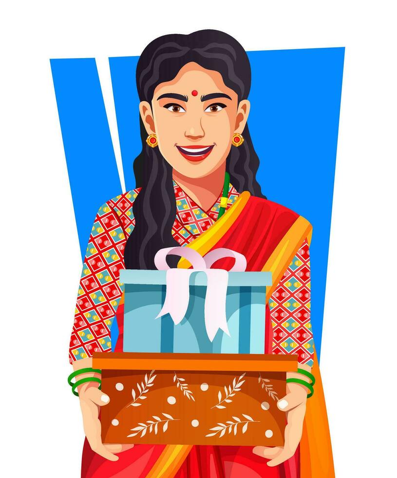 nepalese ragazza dando nastro arco regalo scatole sorridente allegramente durante dashain o tihar Festival, copia spazio. nepalese famiglia riunioni Festival vettore illustrazione avatar design