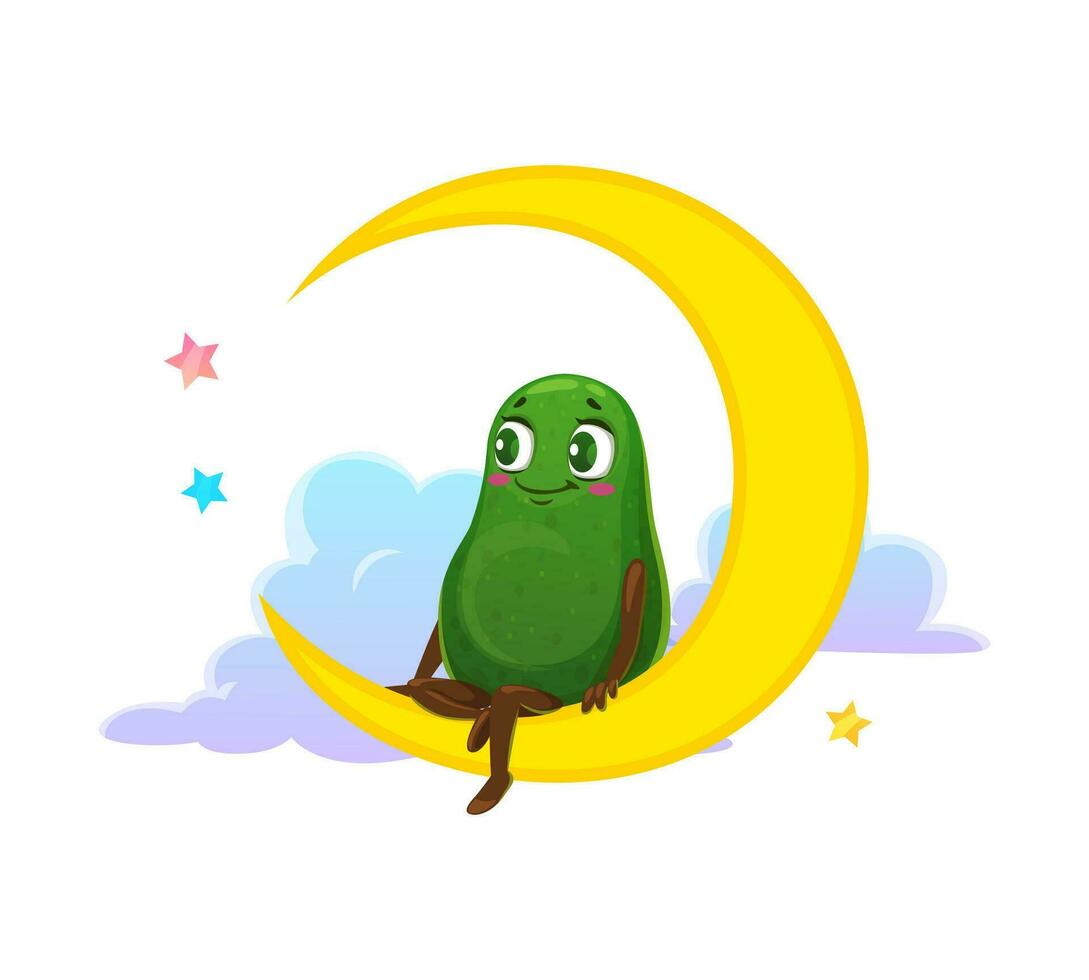 cartone animato avocado personaggio seduta su su il Luna vettore