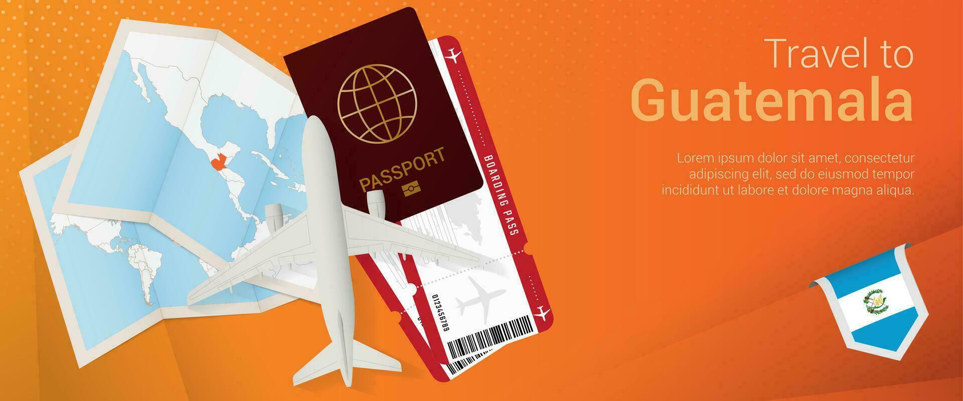 viaggio per Guatemala pop-under striscione. viaggio bandiera con passaporto, Biglietti, aereo, imbarco passaggio, carta geografica e bandiera di Guatemala. vettore