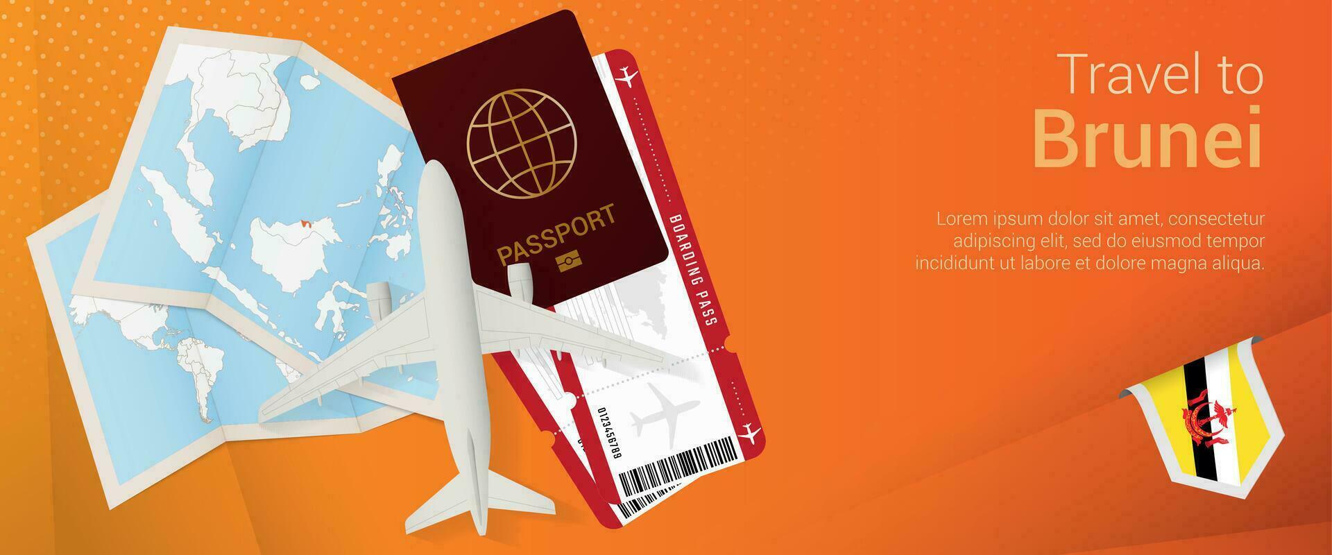 viaggio per brunei pop-under striscione. viaggio bandiera con passaporto, Biglietti, aereo, imbarco passaggio, carta geografica e bandiera di brunei. vettore