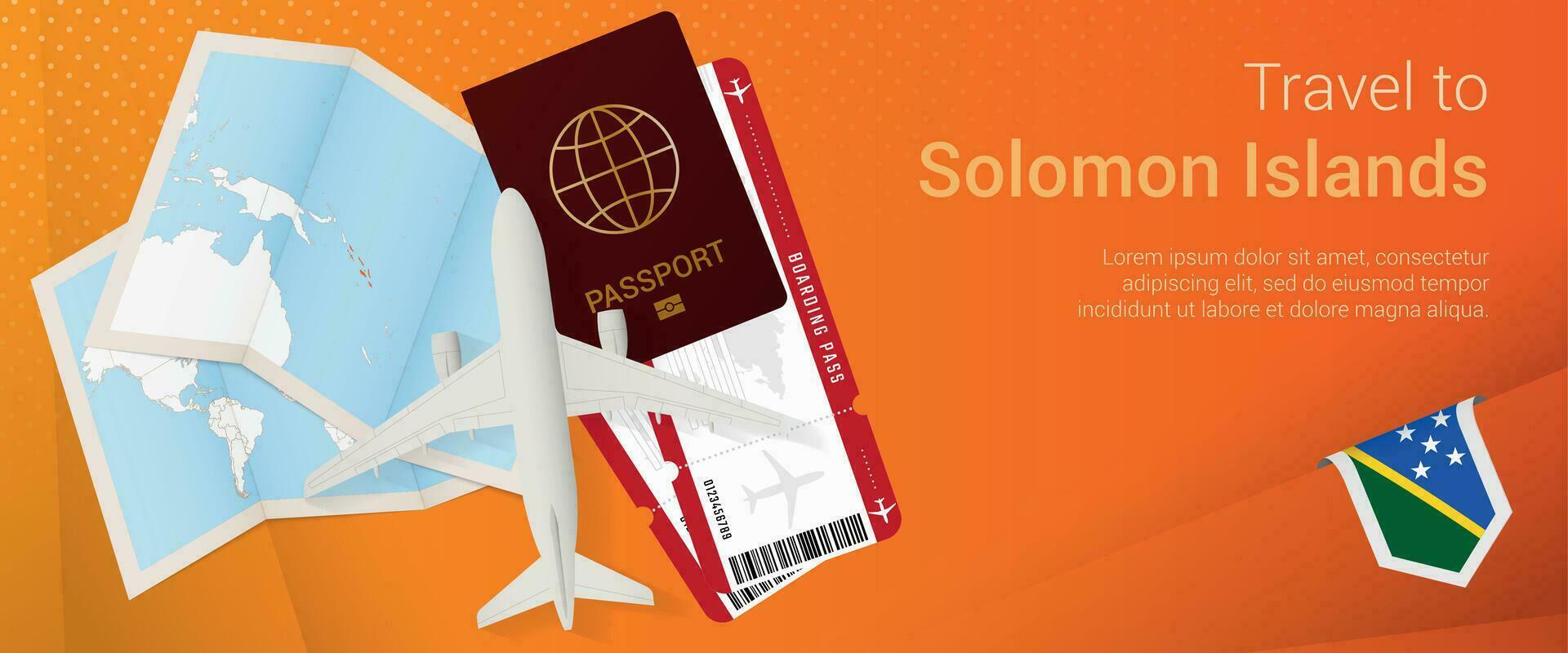 viaggio per Salomone isole pop-under striscione. viaggio bandiera con passaporto, Biglietti, aereo, imbarco passaggio, carta geografica e bandiera di Salomone isole. vettore
