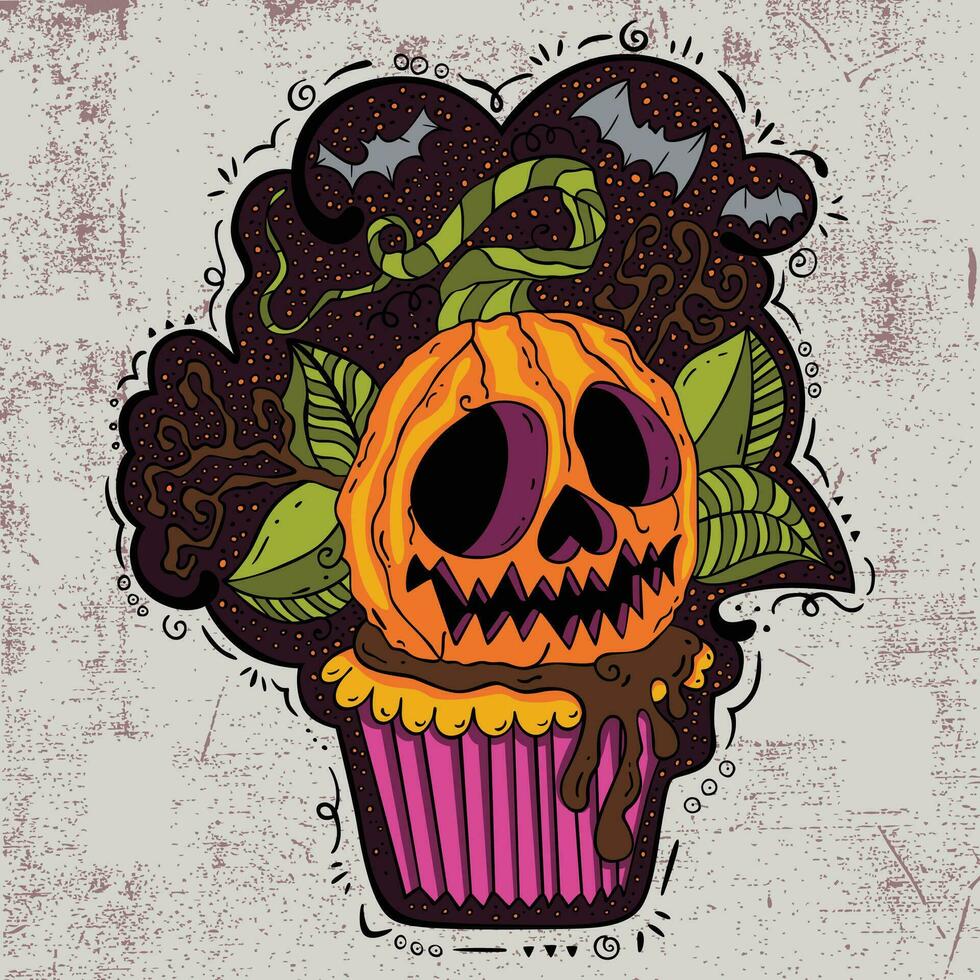 Halloween scarabocchio colorato illustrazione con zucca Cupcake vettore