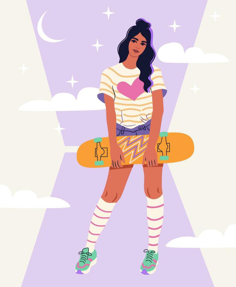 un' impaurito giovane donna con pattinare tavola. femmina skateboarder su un astratto sfondo. un' ragazza con longboard, all'aperto gli sport attività. vettore