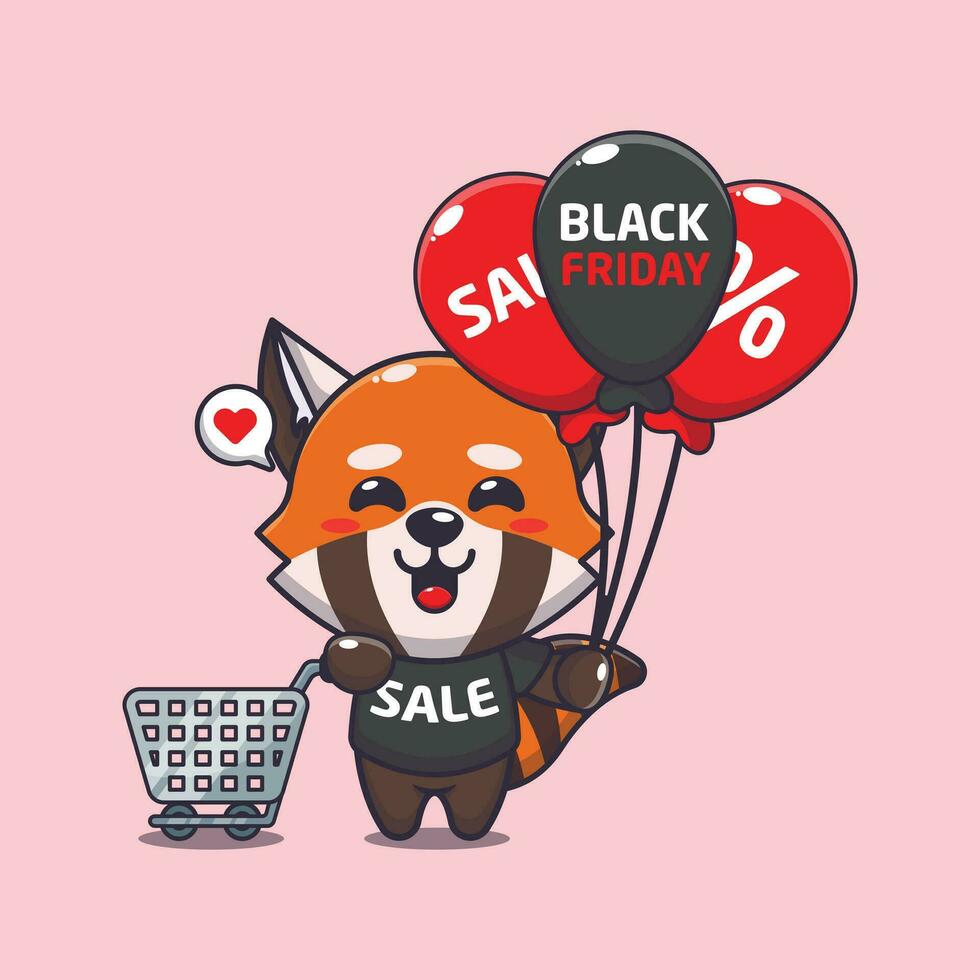 carino rosso panda con shopping carrello e Palloncino a nero Venerdì vendita cartone animato vettore illustrazione