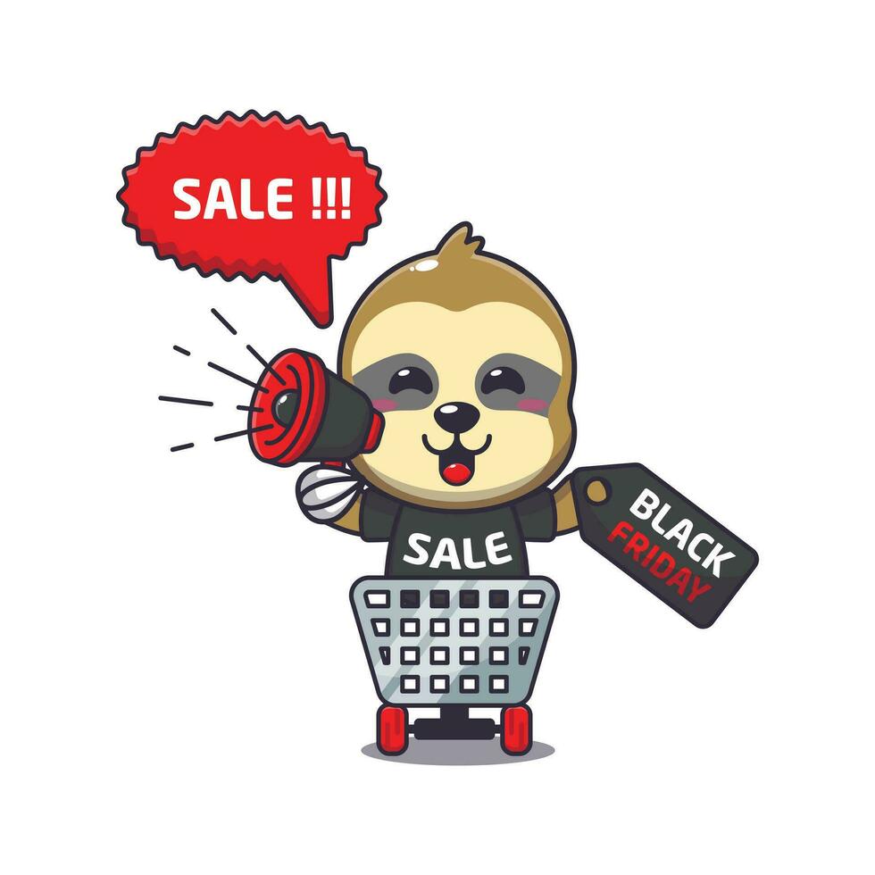 carino bradipo nel shopping carrello è promozione nero Venerdì vendita con megafono cartone animato vettore illustrazione