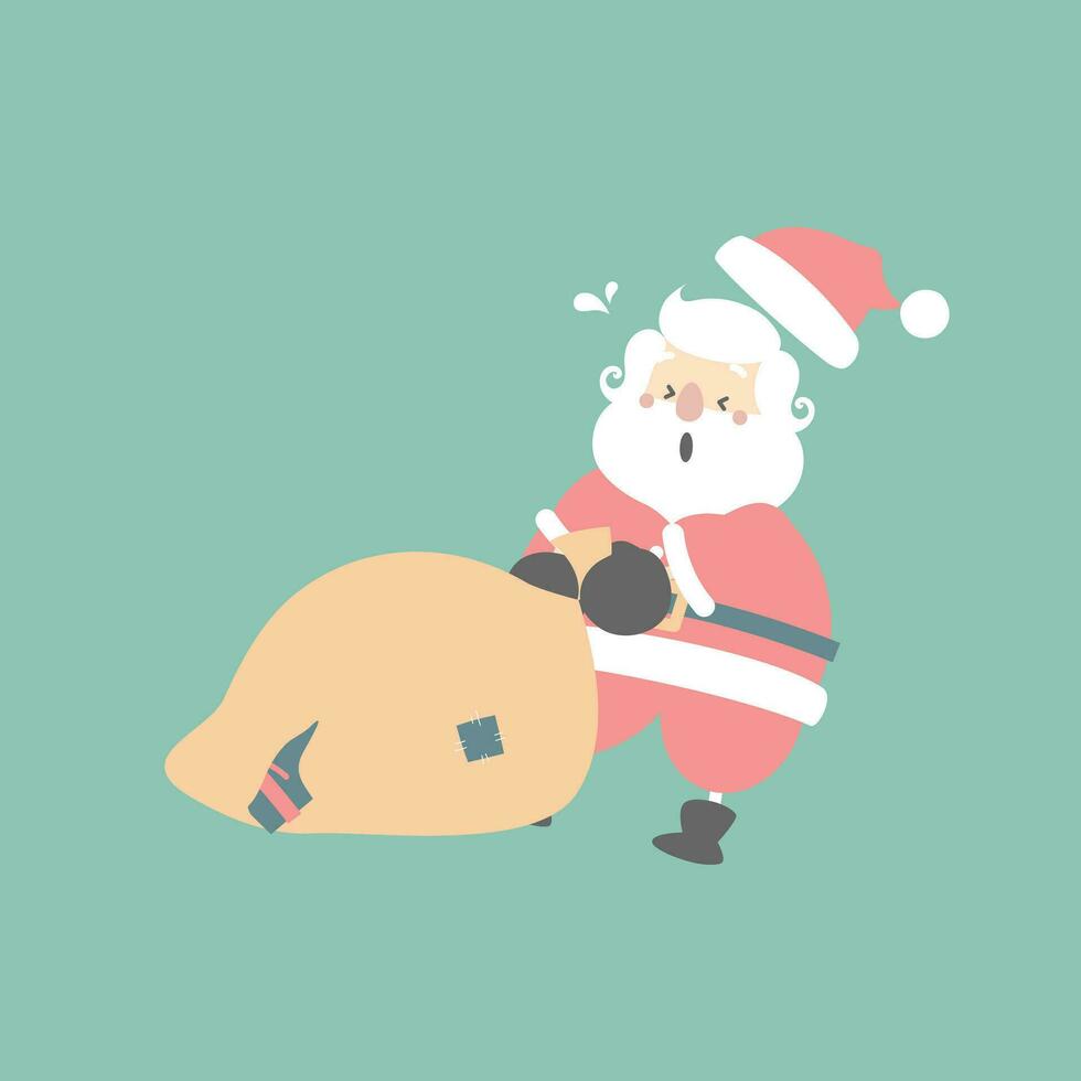 allegro Natale e contento nuovo anno con carino Santa Claus e presente regalo Borsa nel il inverno stagione verde sfondo, piatto vettore illustrazione cartone animato personaggio costume design
