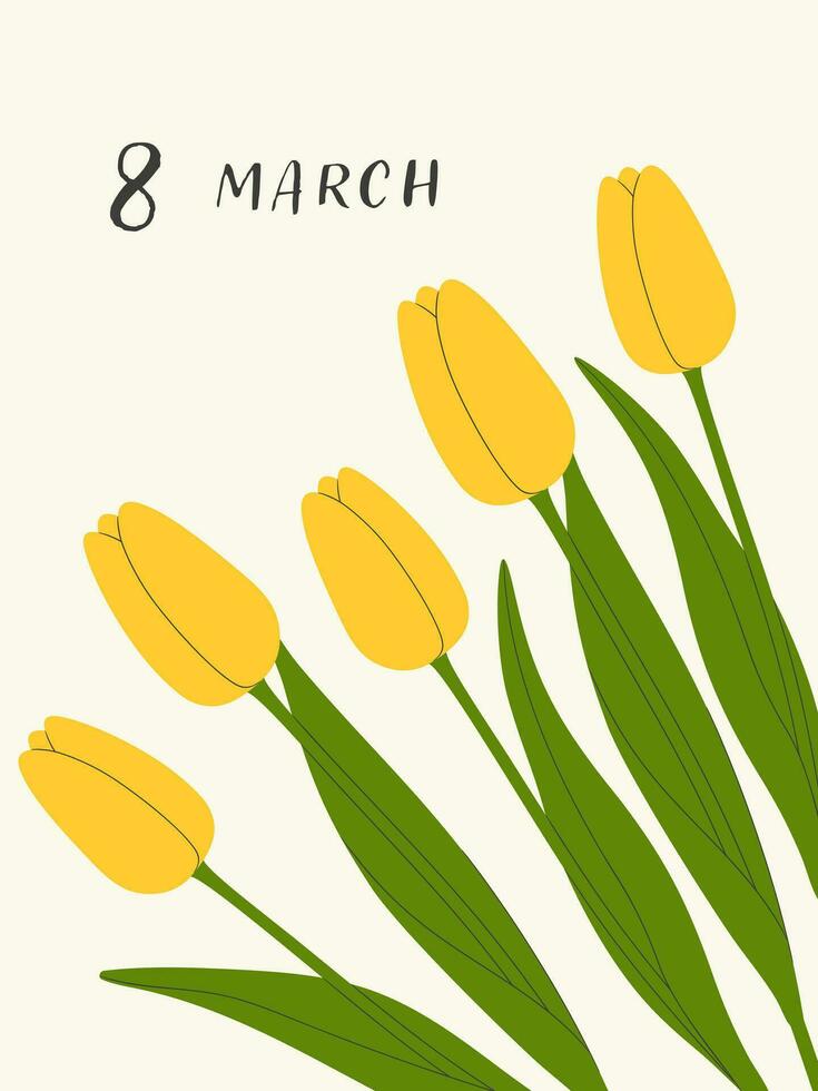 contento Da donna giorno saluto carta con giallo tulipani. vettore