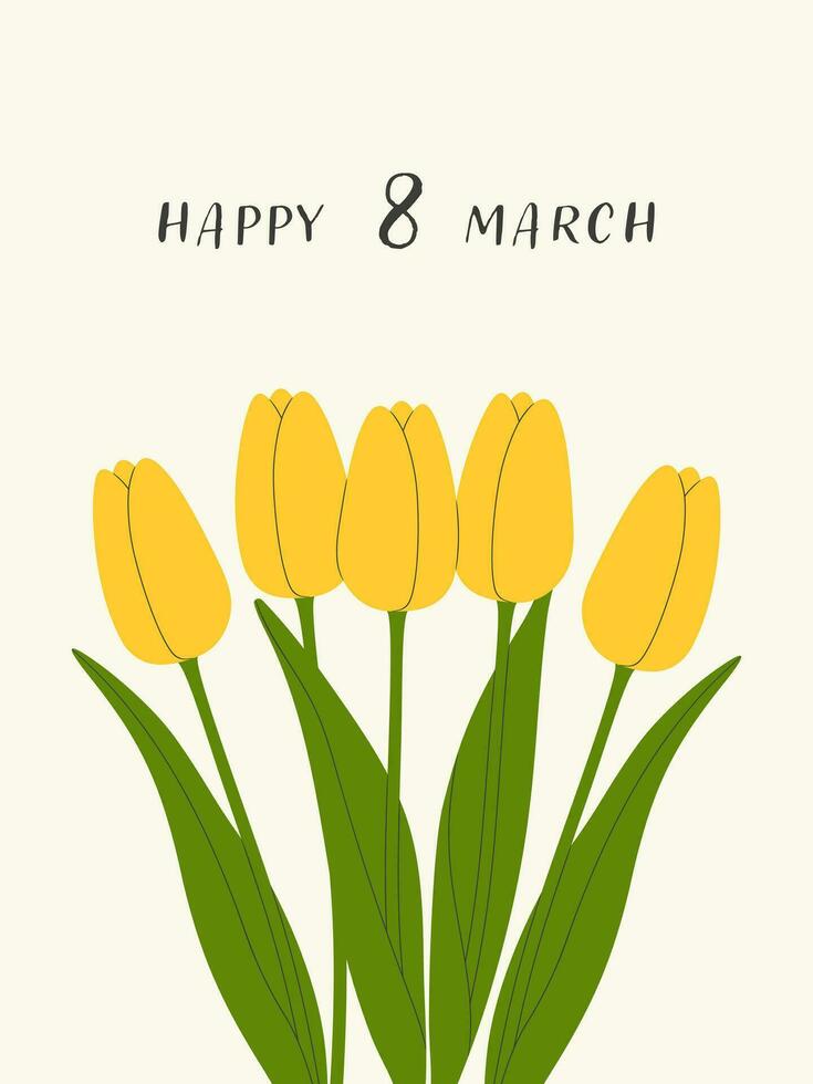 contento Da donna giorno saluto carta con giallo tulipani. vettore