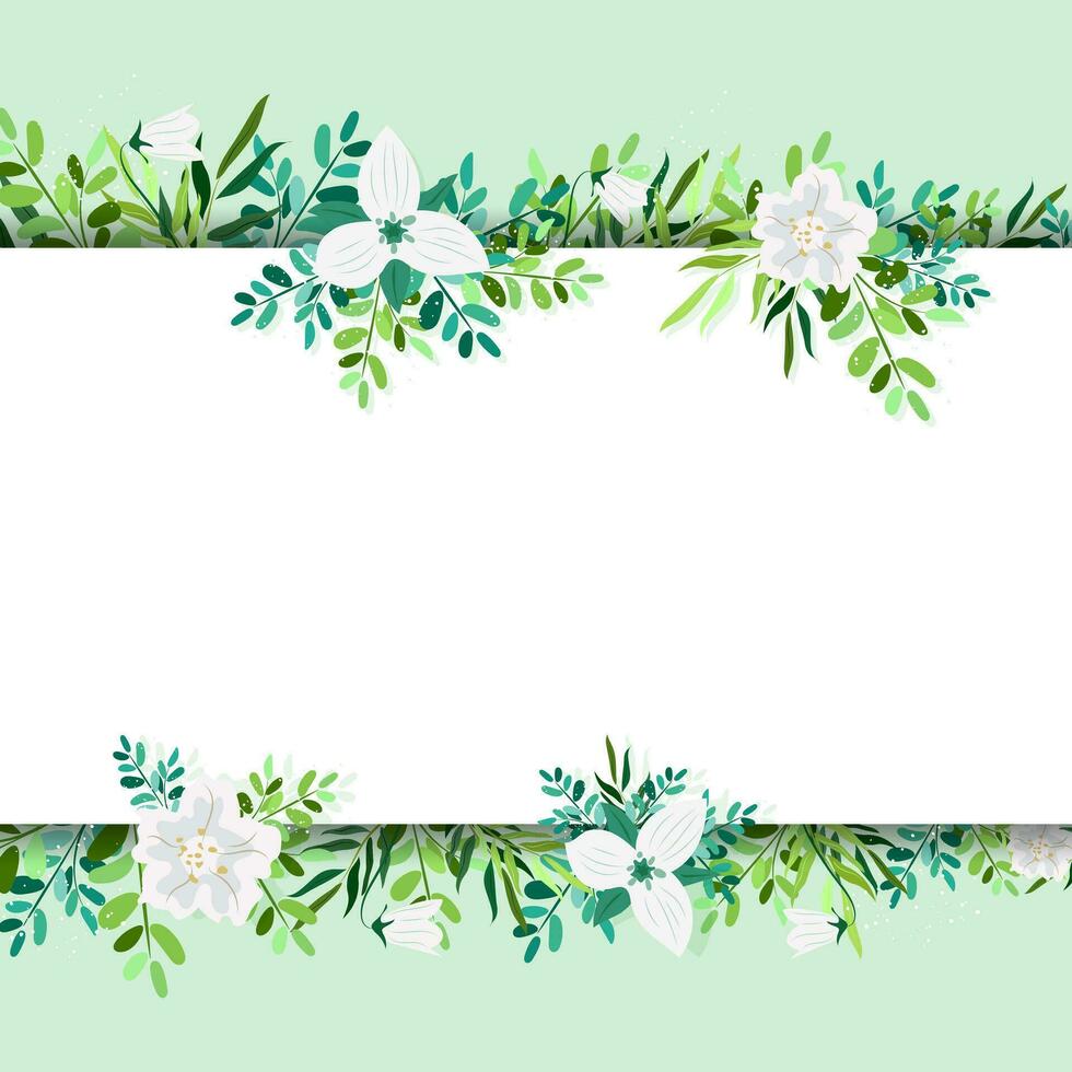piazza bandiera con banda decorato con bellissima multicolore fioritura fiori e le foglie confine. primavera o estate botanico piatto vettore illustrazione su verde sfondo con posto per il tuo testo.