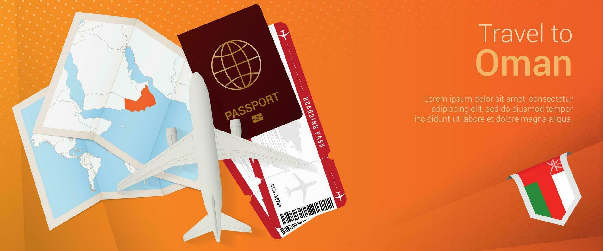 viaggio per Oman pop-under striscione. viaggio bandiera con passaporto, Biglietti, aereo, imbarco passaggio, carta geografica e bandiera di Oman. vettore