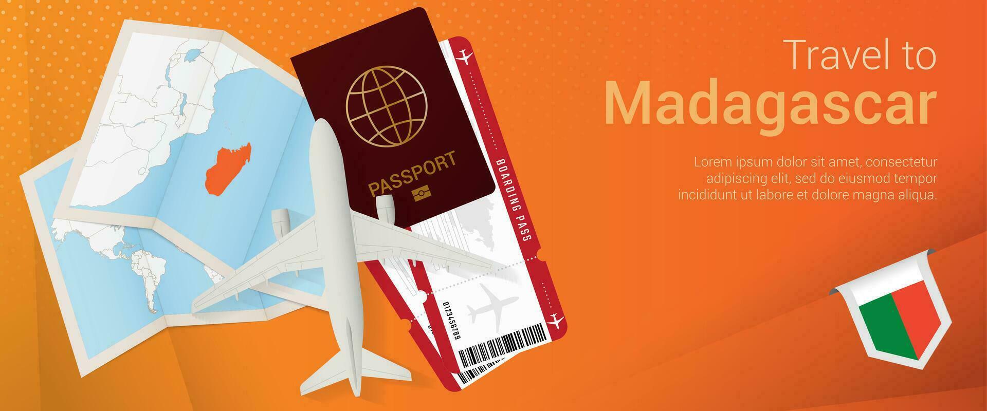 viaggio per Madagascar pop-under striscione. viaggio bandiera con passaporto, Biglietti, aereo, imbarco passaggio, carta geografica e bandiera di Madagascar. vettore