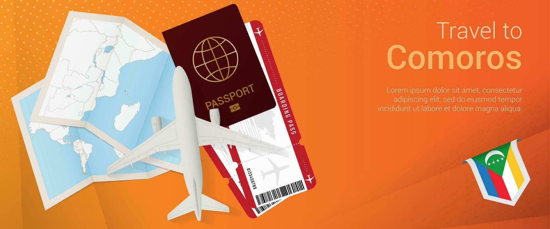viaggio per comore pop-under striscione. viaggio bandiera con passaporto, Biglietti, aereo, imbarco passaggio, carta geografica e bandiera di Comore. vettore