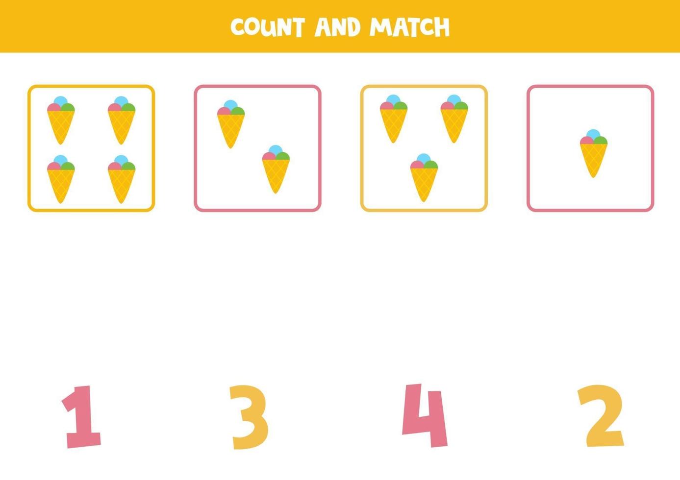 gioco di conteggio con simpatici gelati. foglio di lavoro di matematica. vettore