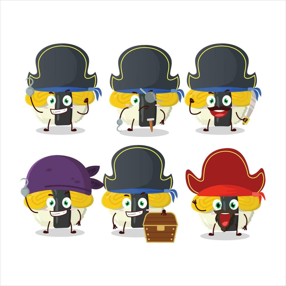cartone animato personaggio di tamago Sushi con vario pirati emoticon vettore