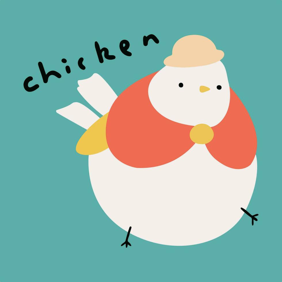 divertente mano disegnato figli di cartone animato illustrazione di pollo indossare cappello vettore