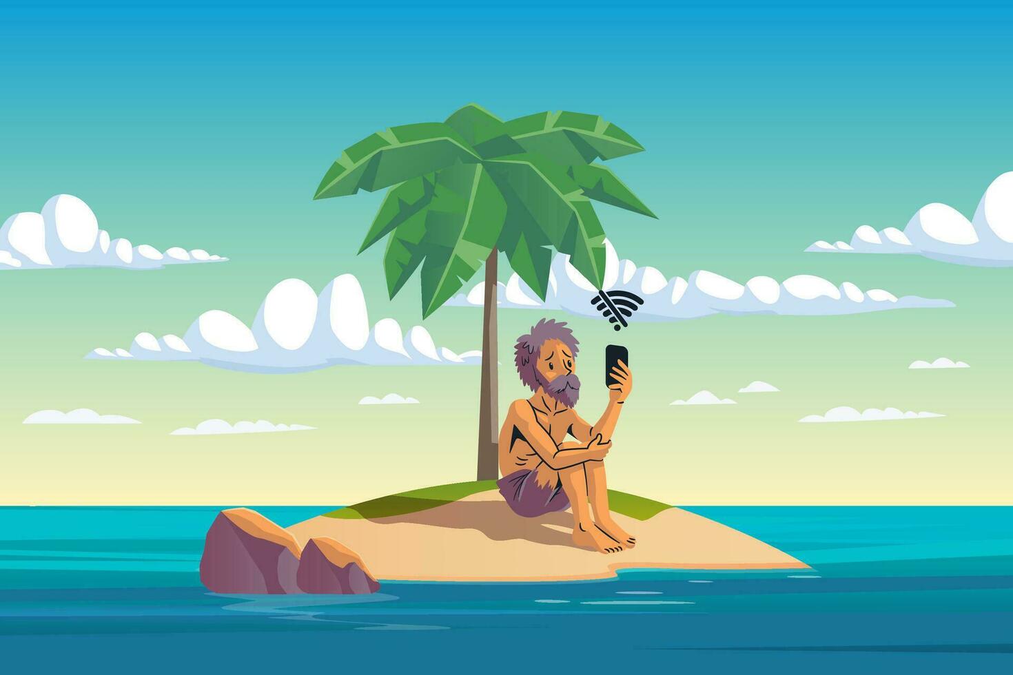 un' triste naufragato uomo, incagliato su un isola nel il mezzo di il oceano con no Telefono segnale, vettore illustrazione