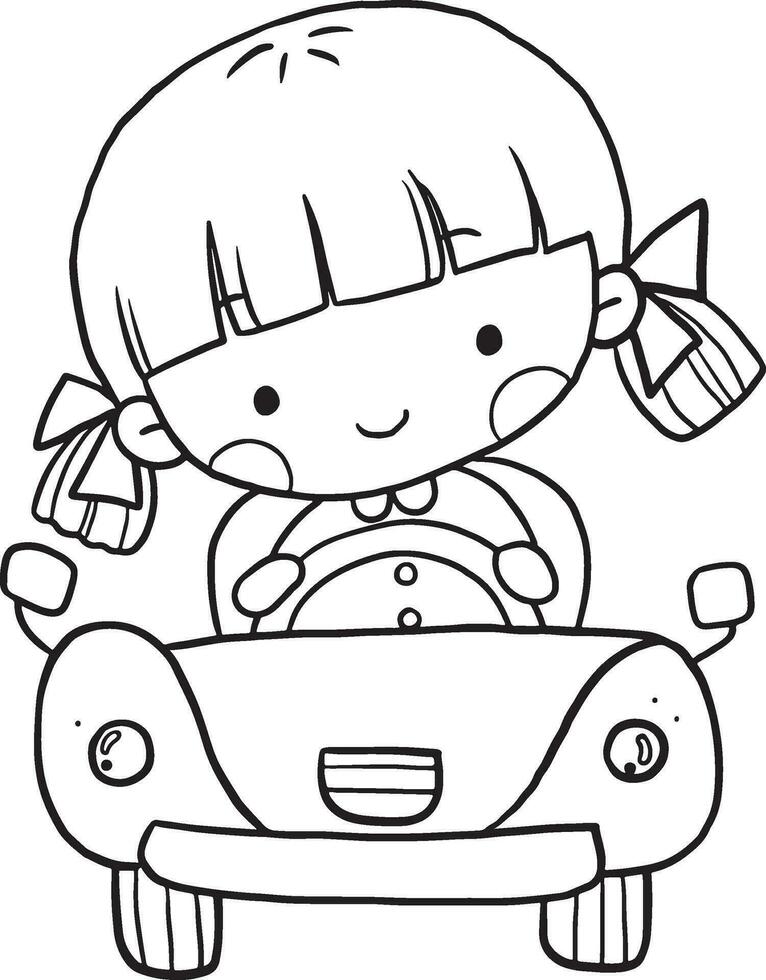 ragazza guida auto cartone animato scarabocchio kawaii anime colorazione pagina carino illustrazione disegno clip arte personaggio chibi manga comico vettore
