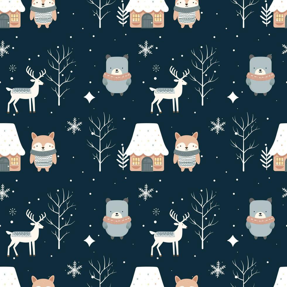 inverno senza soluzione di continuità modello con carino foresta animali. scandinavo Natale modello. inverno sfondo vettore