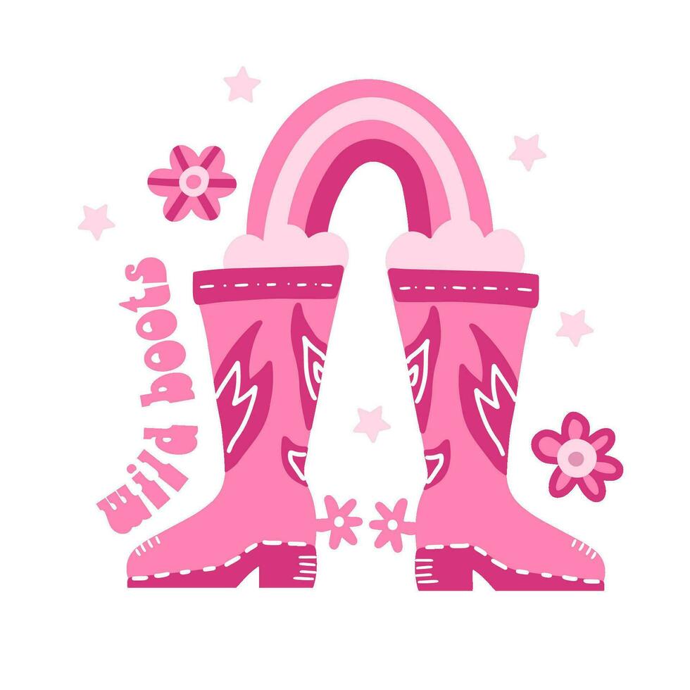 retrò rosa cowgirl stivali con arcobaleno. selvaggio stivali citazioni. Pinky cowboy occidentale e selvaggio ovest tema. mano disegnato falt vettore design per cartolina, invito, etichetta