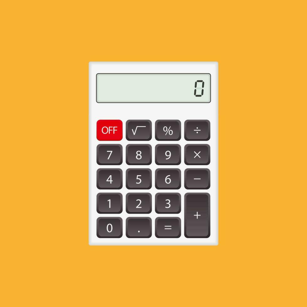 calcolatrice, bianca calcolatrice con grigio e rosso pulsanti isolato su giallo sfondo. vettore
