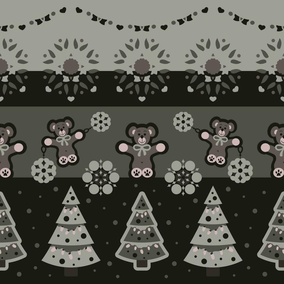 Natale senza soluzione di continuità modello. carino coccolone orso e Natale albero. buio grigio e mandorla verde colore. vettore