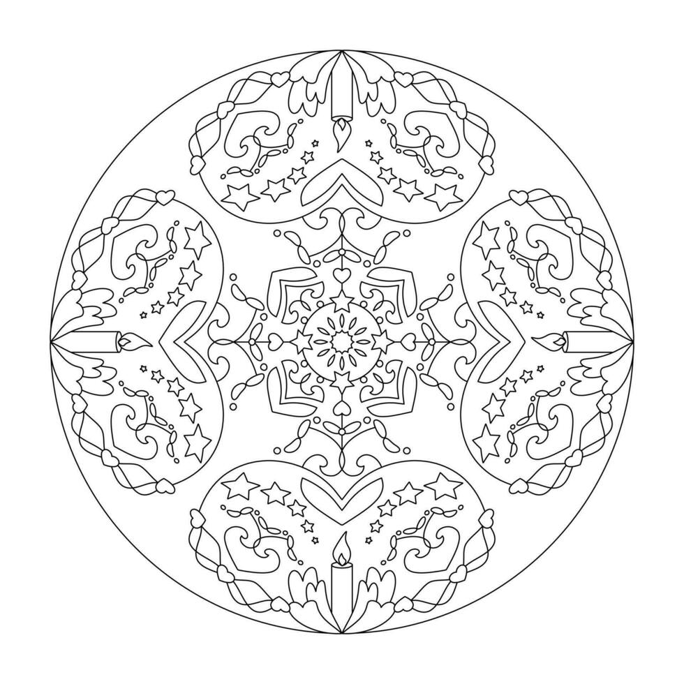 Natale mandala. colorazione pagina. candele, cuori e stelle. vettore